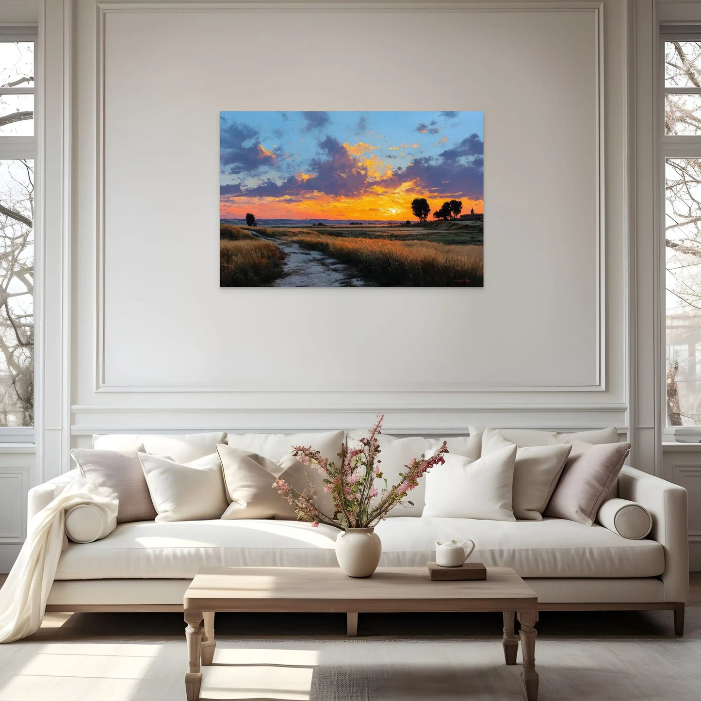 Peinture Coucher de Soleil Simple : Sérénité Champêtre