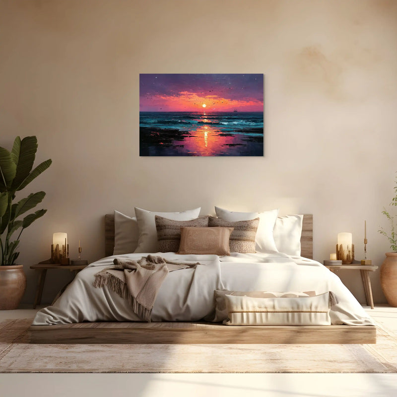 Peinture de coucher de soleil sur la plage avec reflet doré dans un intérieur