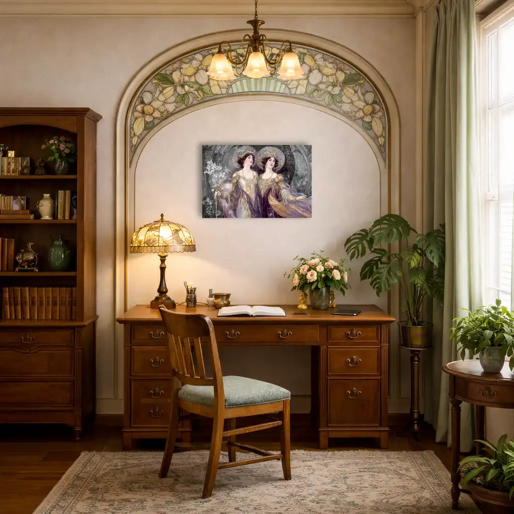 Jugendstil-Gemälde – Schwestern mit Heiligenscheinen