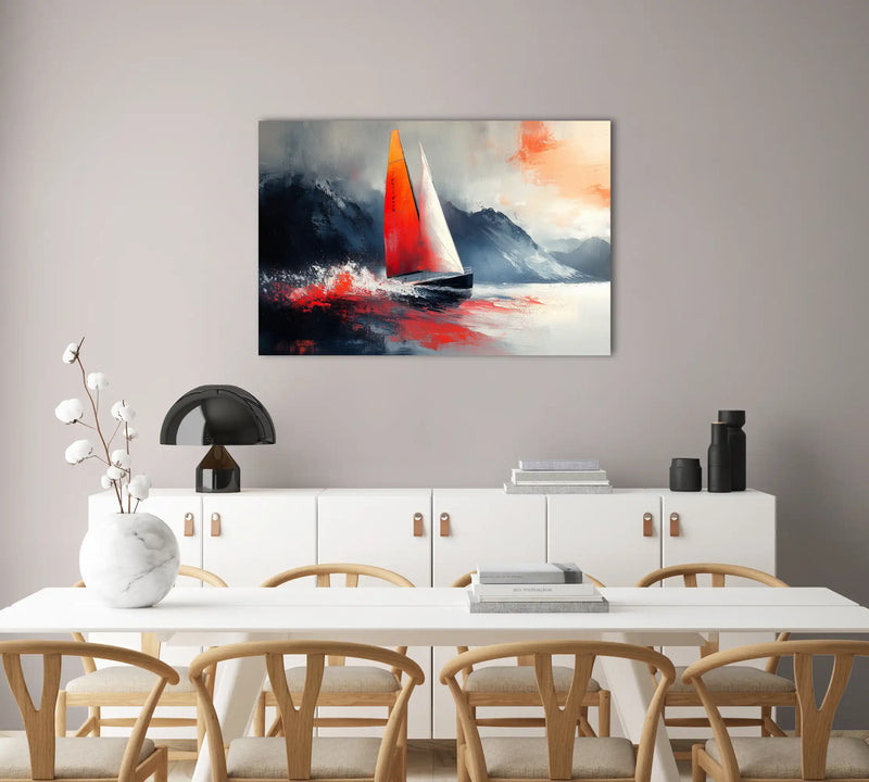 Leinwandbild mit Boot und rotem Segel