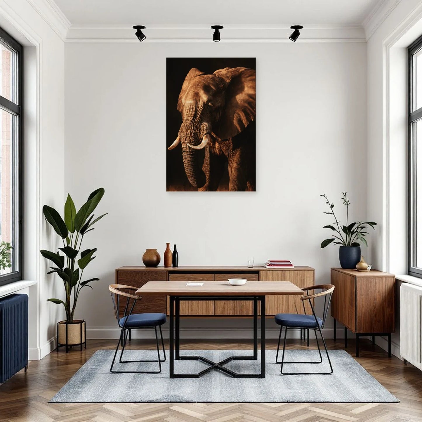 Portrait Éléphant Chiaroscuro dans une salle à manger - Art Virtuoso
