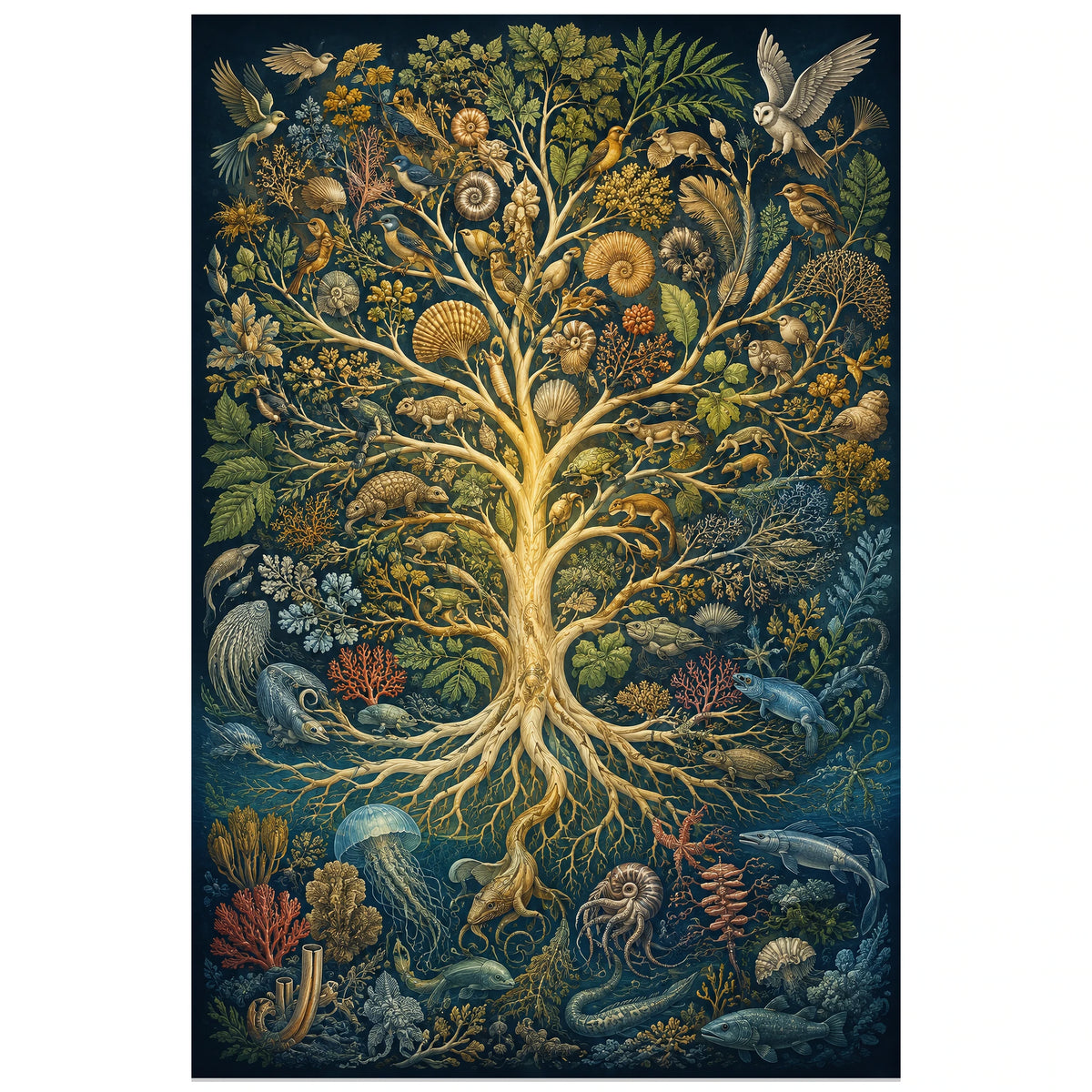 Affiche Arbre du vivant – Ramifications, illustration scientifique artistique / planche botanique verticale, format 30 × 45 cm