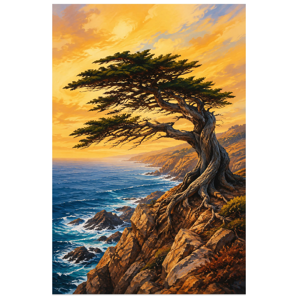 Affiche Arbre du vent – Falaise marine, peinture paysagère expressive / illustration éditoriale verticale, format 30 × 45 cm
