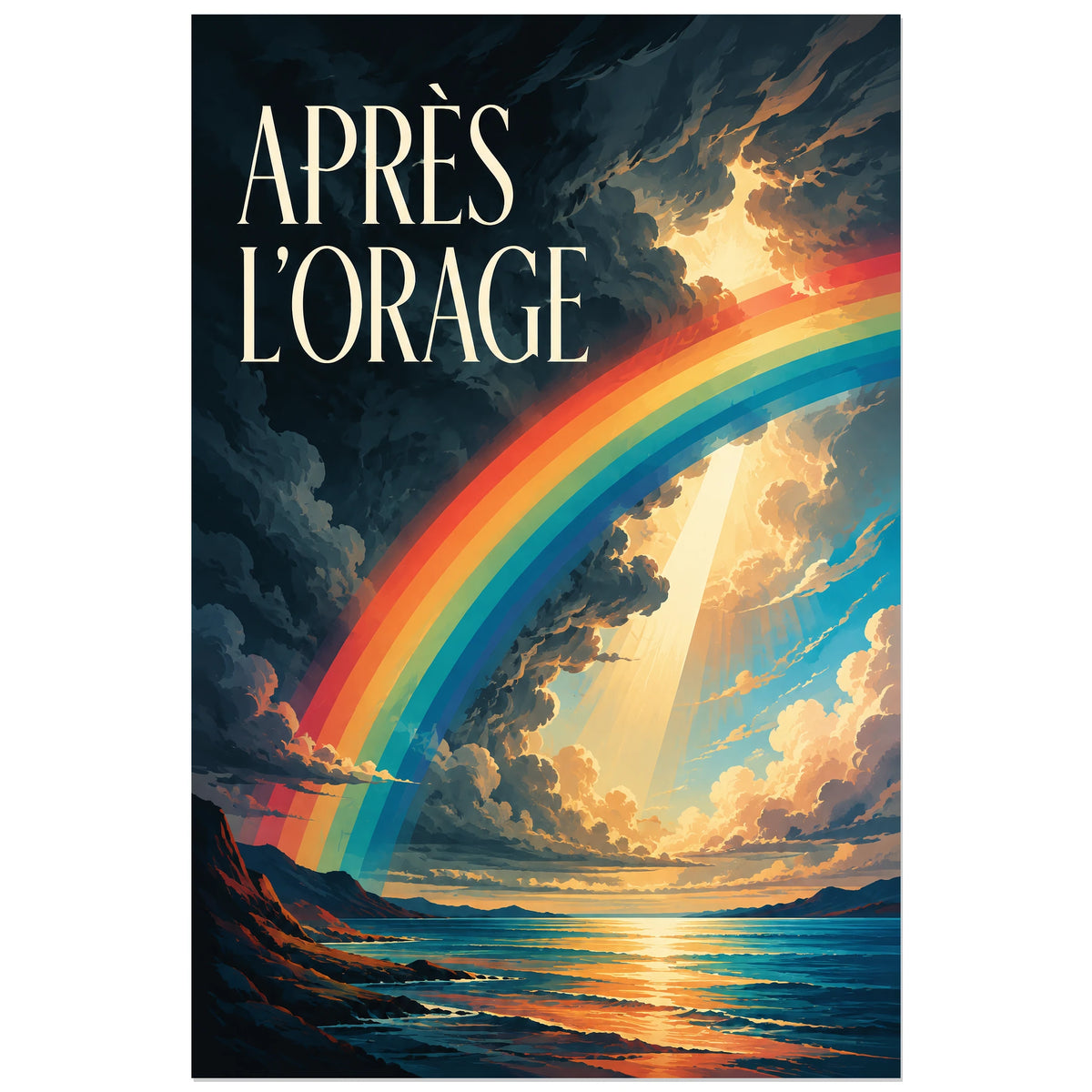 Arc-en-ciel diagonal entre nuages noirs et trouée de lumière dorée, affiche 30 × 45 cm