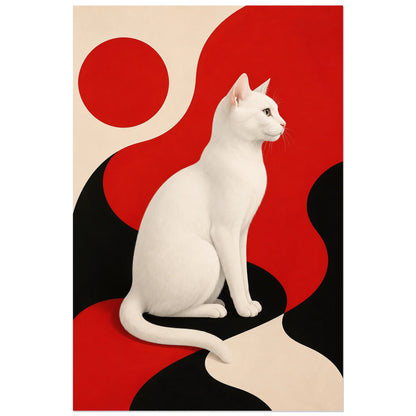 Affiche Chat blanc – Équilibre rouge, minimalisme graphique / abstraction organique verticale, format 60 × 90 cm