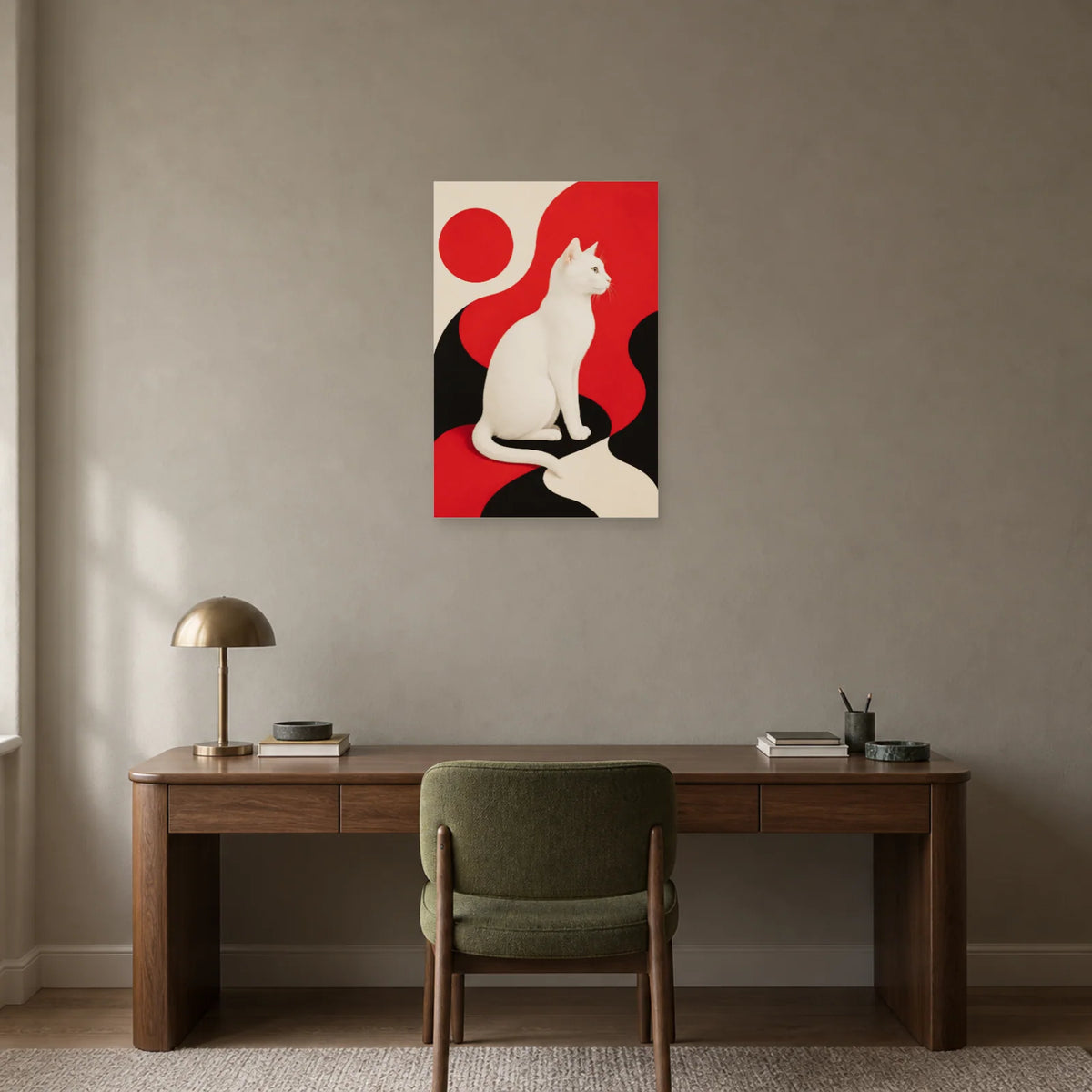 Affiche Chat blanc – Équilibre rouge dans un bureau - Art Virtuoso