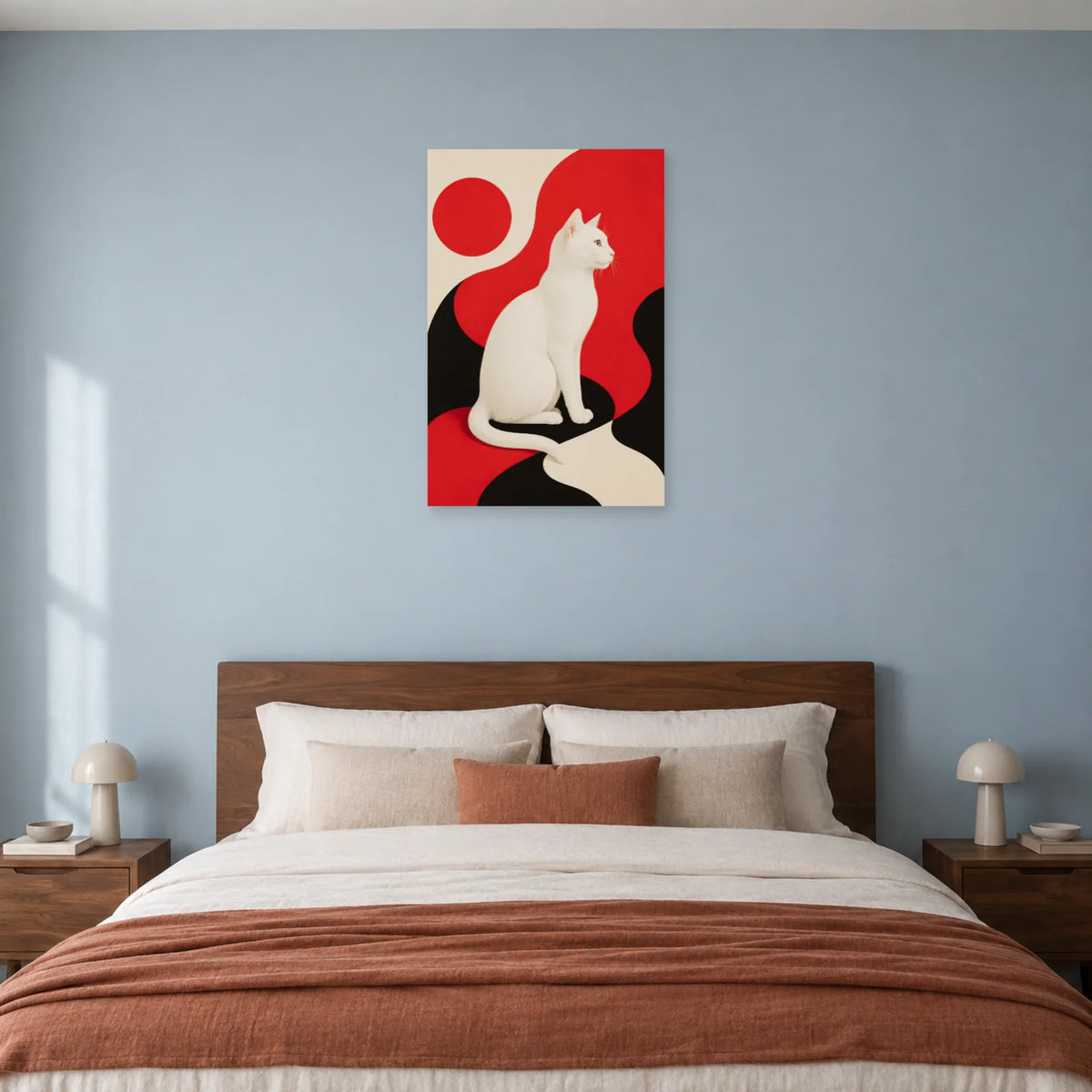 Affiche Chat blanc – Équilibre rouge dans une chambre - Art Virtuoso