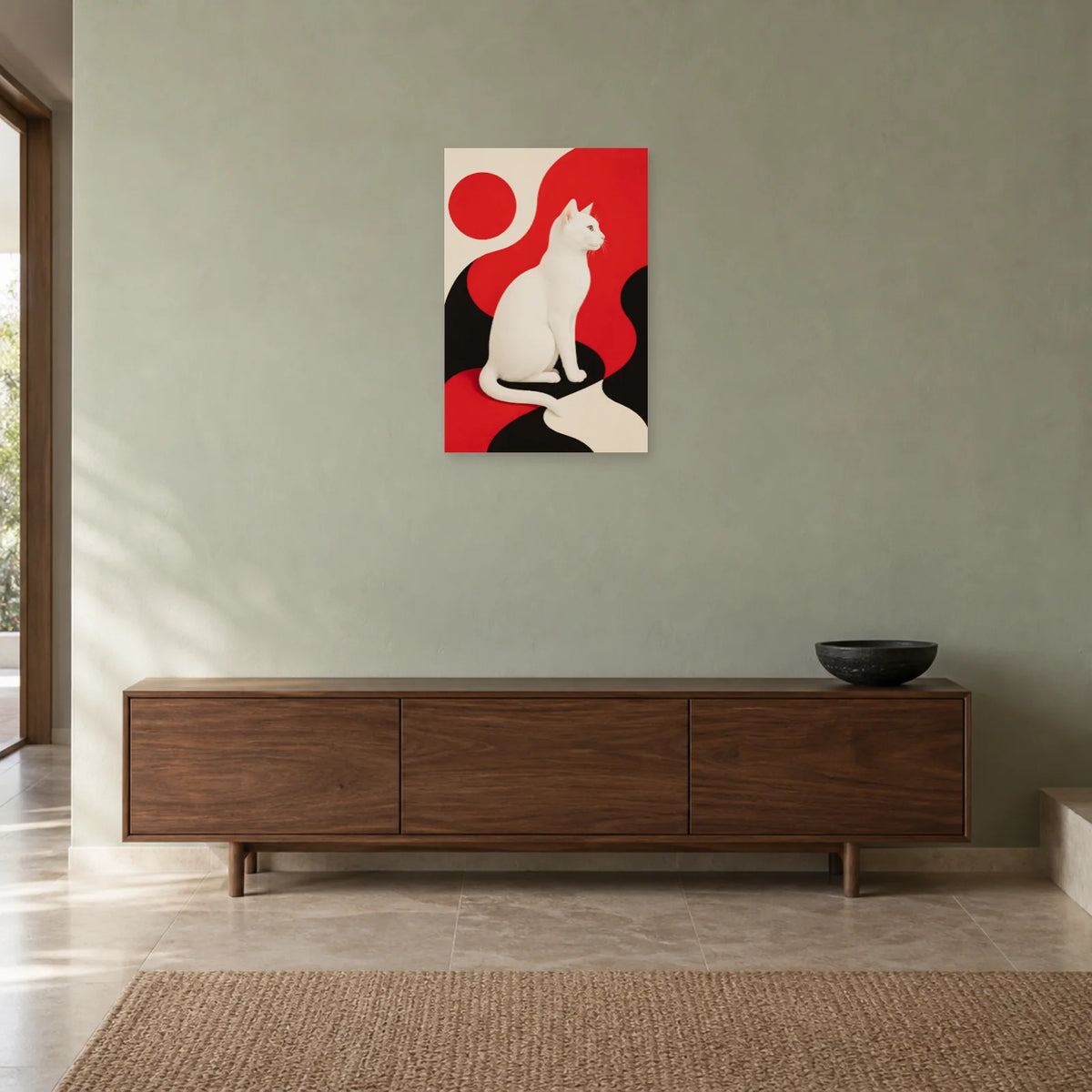 Affiche Chat blanc – Équilibre rouge dans une entrée ou un couloir - Art Virtuoso