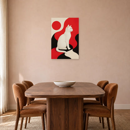 Affiche Chat blanc – Équilibre rouge dans une salle à manger - Art Virtuoso
