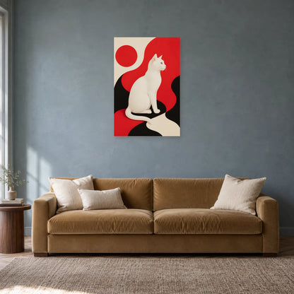 Affiche Chat blanc – Équilibre rouge dans un salon - Art Virtuoso