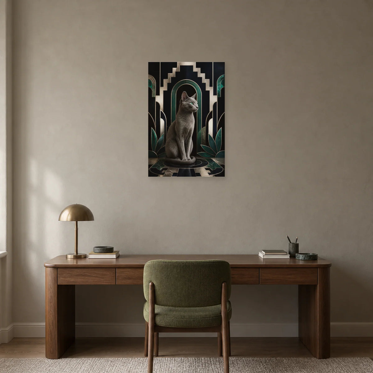 Affiche Bleu russe – Regard émeraude dans un bureau - Art Virtuoso