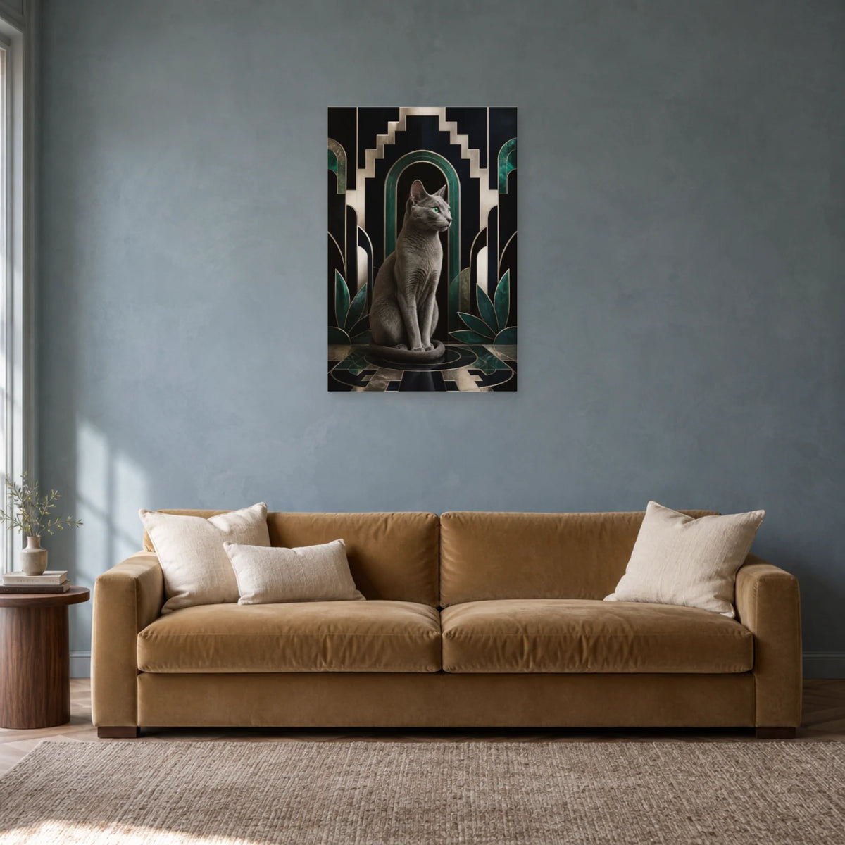 Affiche Bleu russe – Regard émeraude dans un salon - Art Virtuoso