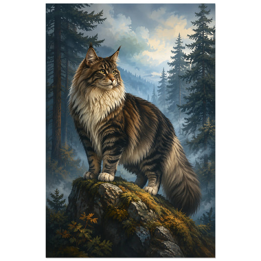 Affiche Chat norvégien – Forêt brumeuse, illustration naturaliste / paysage atmosphérique verticale, format 30 × 45 cm