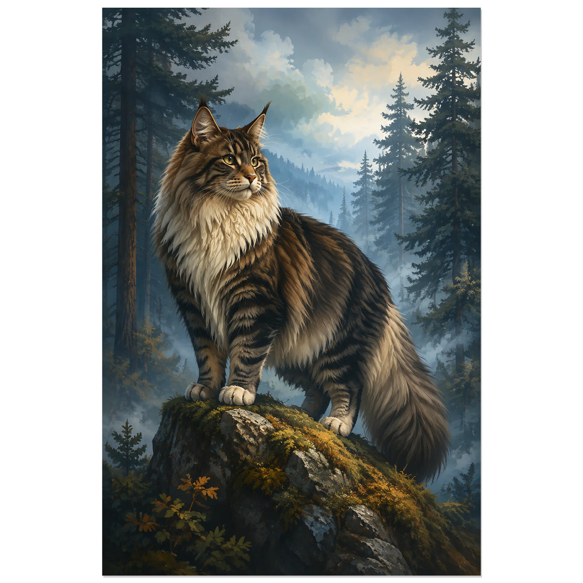 Affiche Chat norvégien – Forêt brumeuse, illustration naturaliste / paysage atmosphérique verticale, format 40 × 60 cm