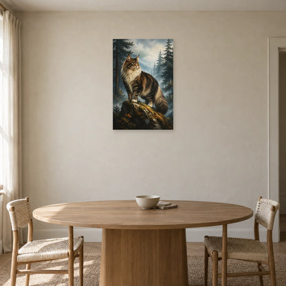 Affiche Chat norvégien – Forêt brumeuse dans une salle à manger - Art Virtuoso