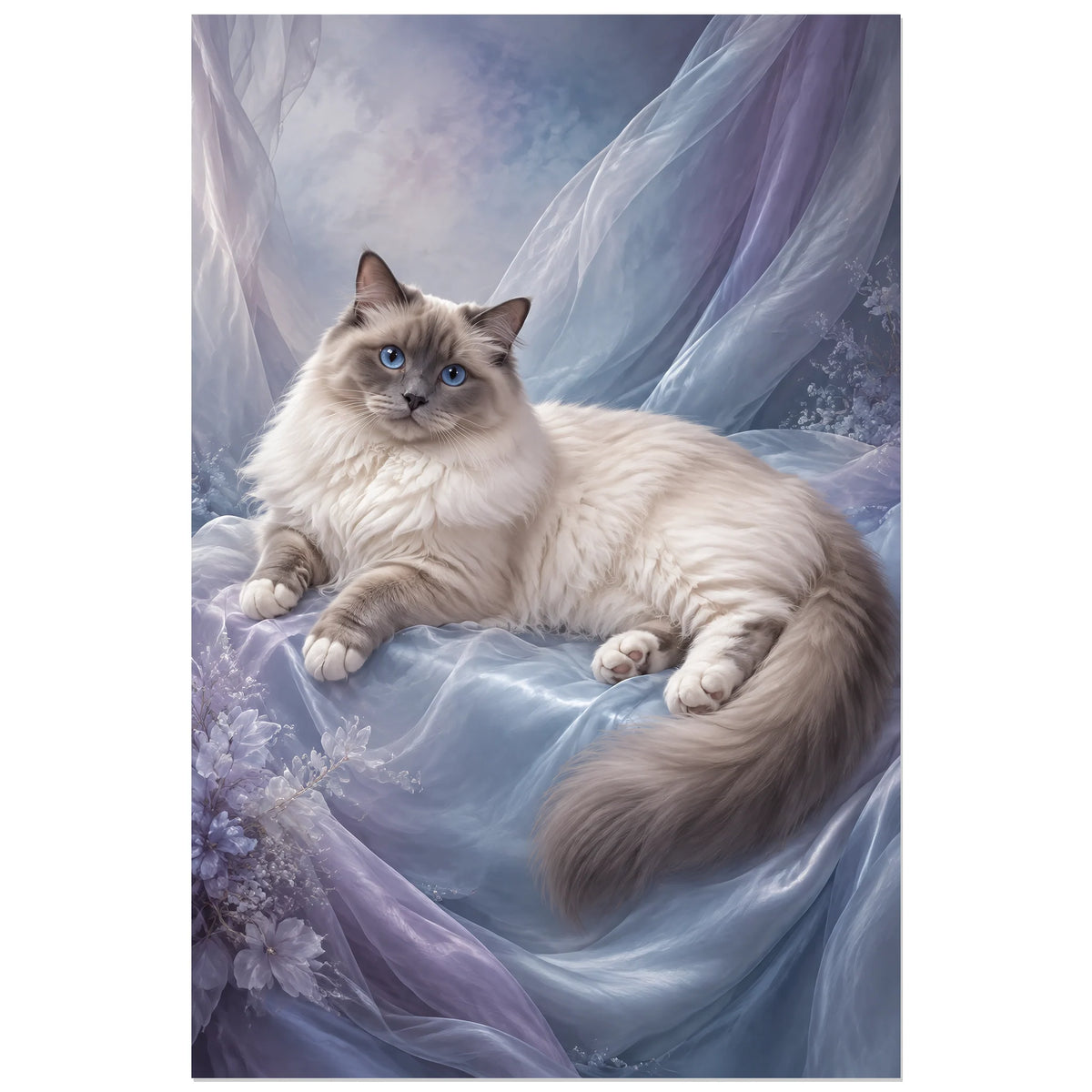 Affiche Chat Ragdoll – Drapés de brume, peinture numérique / portrait animalier éditorial verticale, format 60 × 90 cm