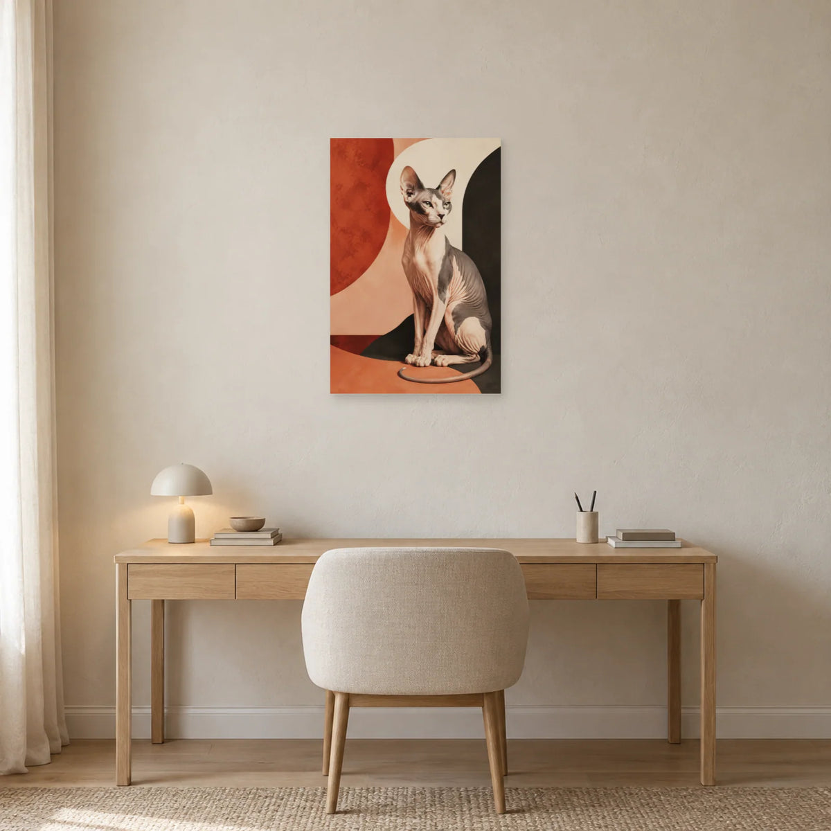 Affiche Chat Sphynx – Sculpture terracotta dans un bureau - Art Virtuoso