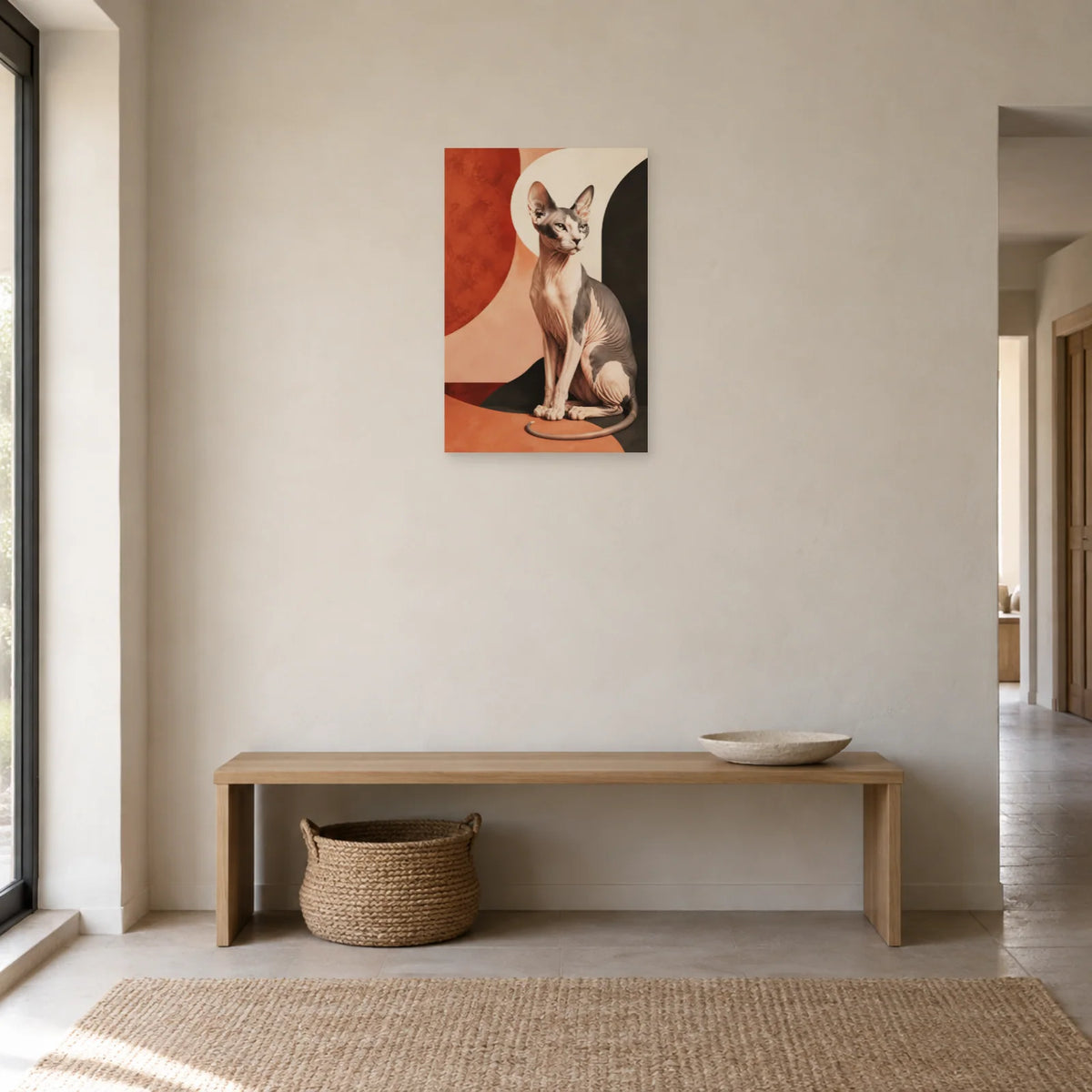 Affiche Chat Sphynx – Sculpture terracotta dans une entrée ou un couloir - Art Virtuoso