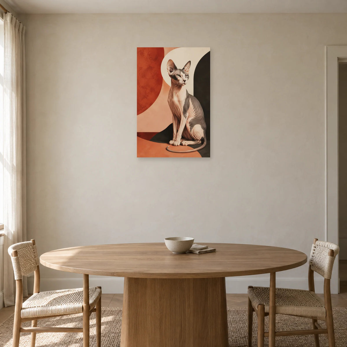 Affiche Chat Sphynx – Sculpture terracotta dans une salle à manger - Art Virtuoso