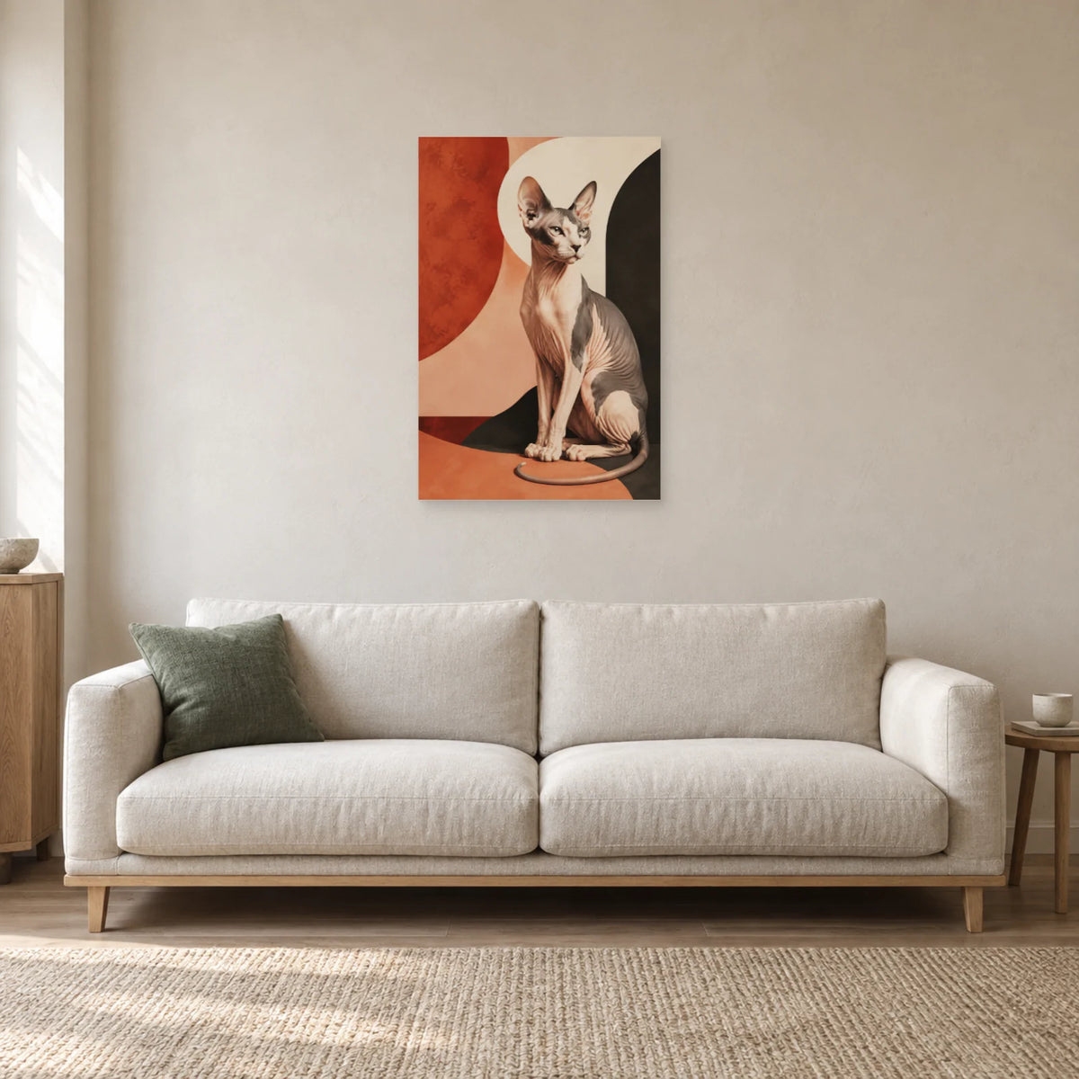 Affiche Chat Sphynx – Sculpture terracotta dans un salon - Art Virtuoso