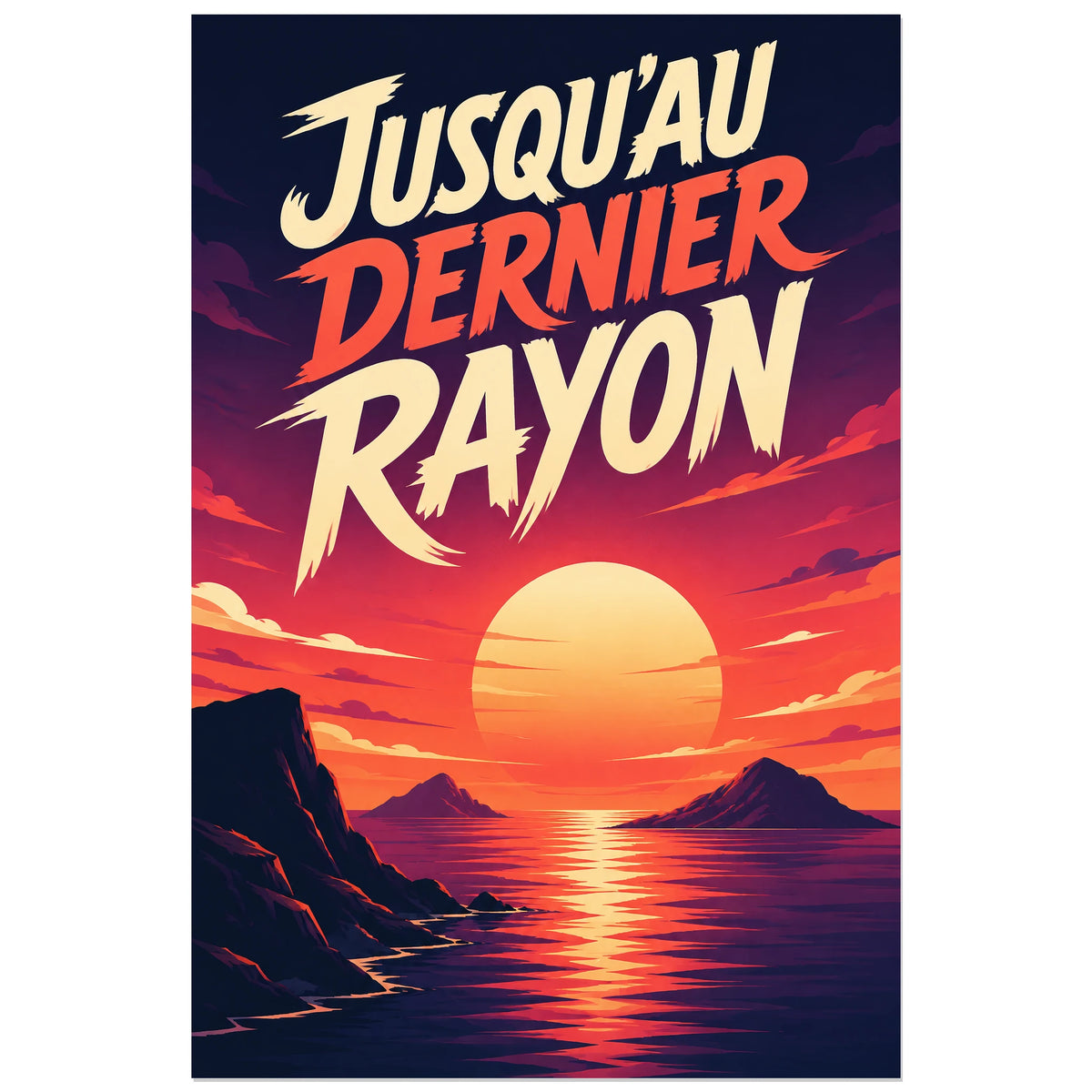 Coucher de soleil corail entre reliefs sombres, affiche 30 × 45 cm
