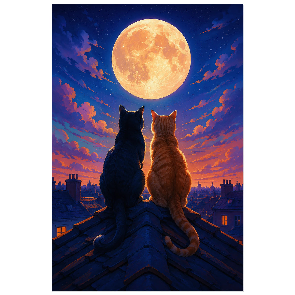 Poster de chats sous la lune – Toits nocturnes, illustration nocturne / paysage urbain poétique verticale, format 30 × 45 cm