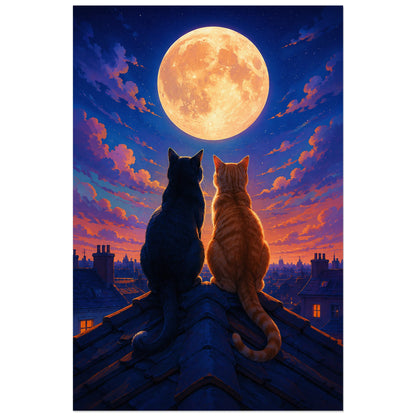Poster de chats sous la lune – Toits nocturnes, illustration nocturne / paysage urbain poétique verticale, format 60 × 90 cm
