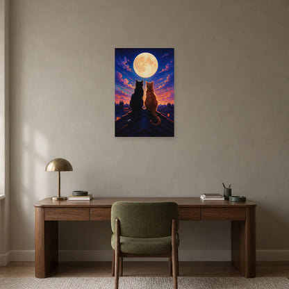 Affiche Deux chats sous la lune – Toits nocturnes dans un bureau - Art Virtuoso