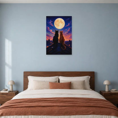 Affiche Deux chats sous la lune – Toits nocturnes dans une chambre - Art Virtuoso