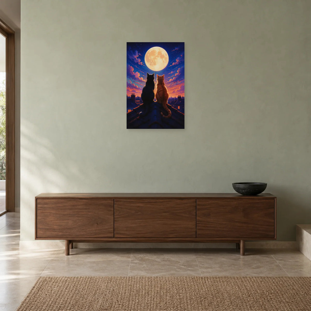 Affiche Deux chats sous la lune – Toits nocturnes dans une entrée ou un couloir - Art Virtuoso