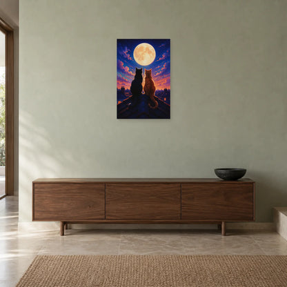 Affiche Deux chats sous la lune – Toits nocturnes dans une entrée ou un couloir - Art Virtuoso