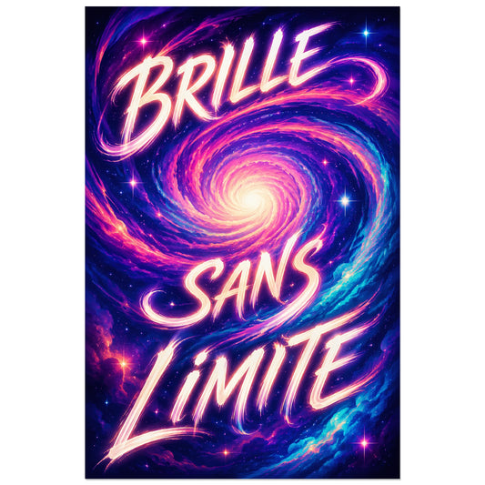 Noyau clair au centre de bras violets, roses et cyan sur bleu nuit, affiche 30 × 45 cm