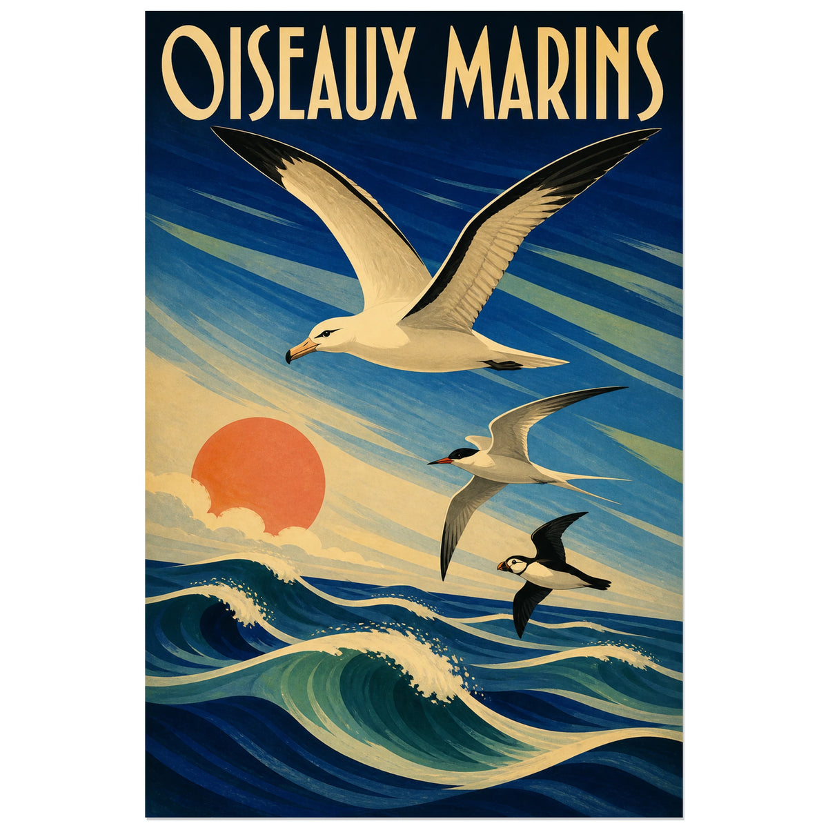 Affiche Oiseaux marins - Voyage vintage, affiche de voyage vintage aux aplats lithographiques art déco verticale, format 30 × 45 cm