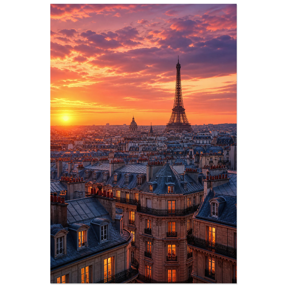 Cheminées parisiennes et ciel flamboyant, affiche 30 × 45 cm