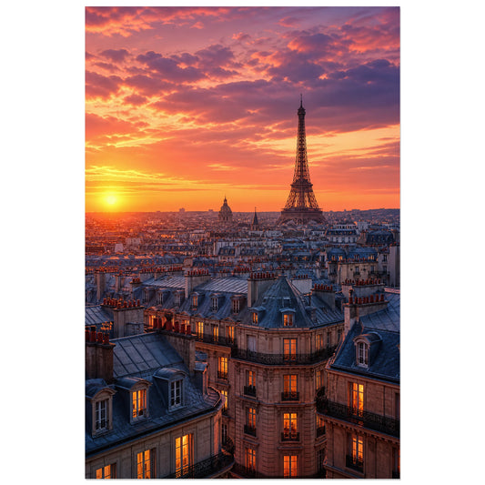 Cheminées parisiennes et ciel flamboyant, affiche 30 × 45 cm