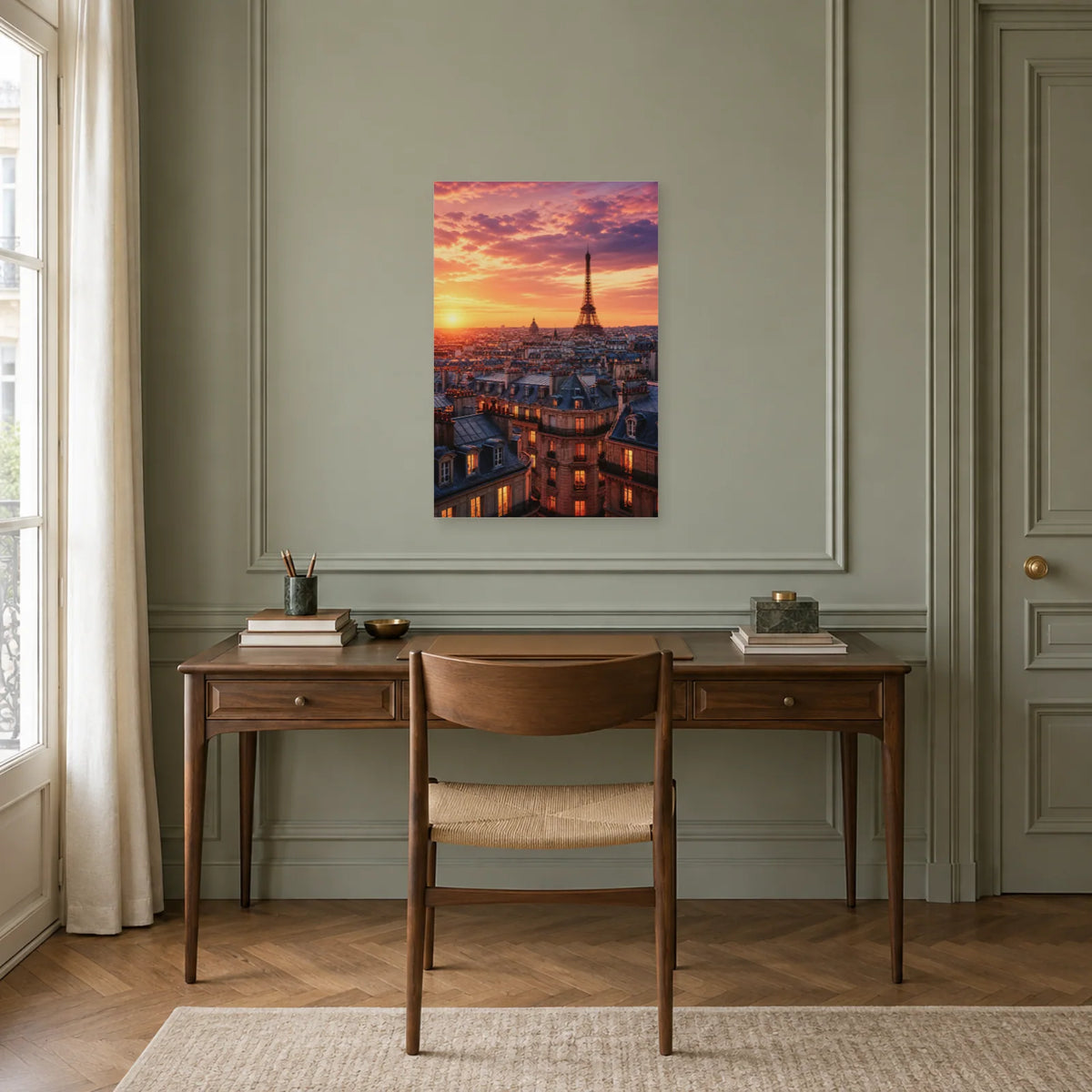 Affiche Toits de Paris - Eiffel au couchant dans un bureau - Art Virtuoso