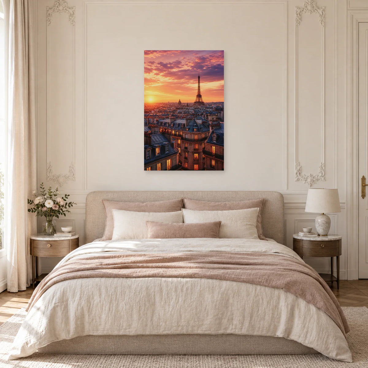 Affiche Toits de Paris - Eiffel au couchant dans une chambre - Art Virtuoso