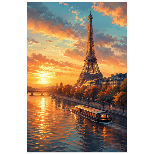 Tour Eiffel, bateau et reflets dorés, affiche 30 × 45 cm