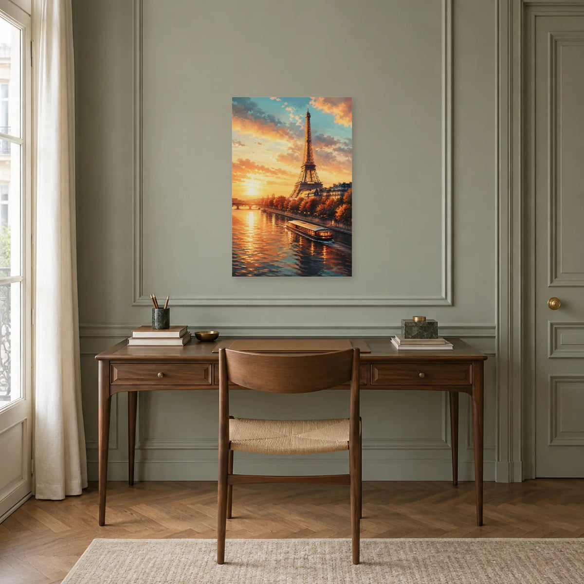 Affiche Tour Eiffel - Or sur la Seine dans un bureau - Art Virtuoso