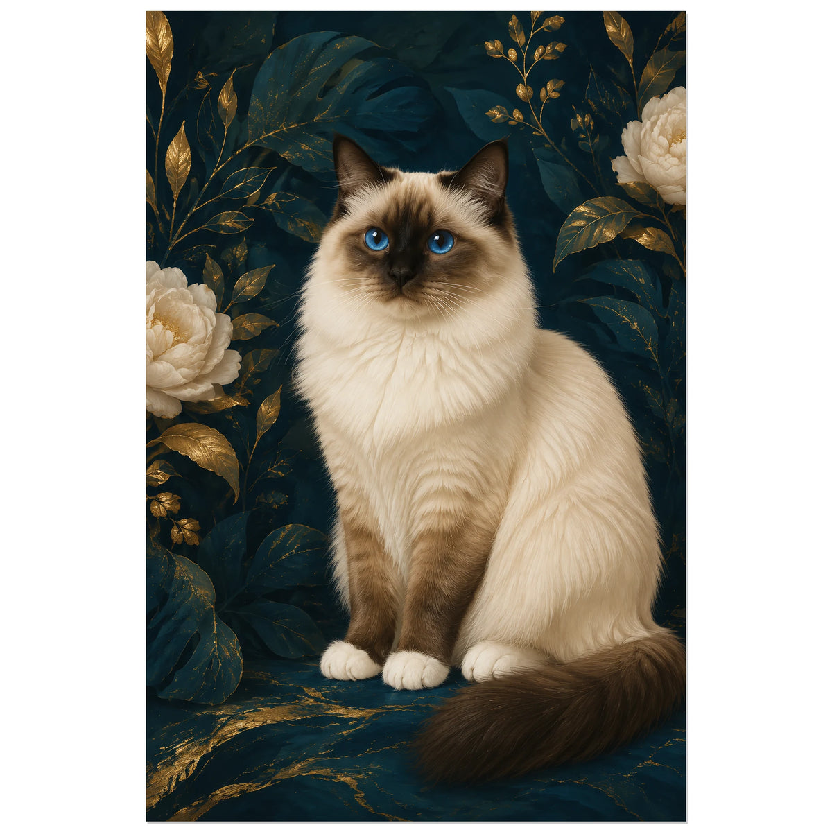 Affiche Sacré de Birmanie – Regard saphir, portrait animalier raffiné / botanique décorative verticale, format 40 × 60 cm