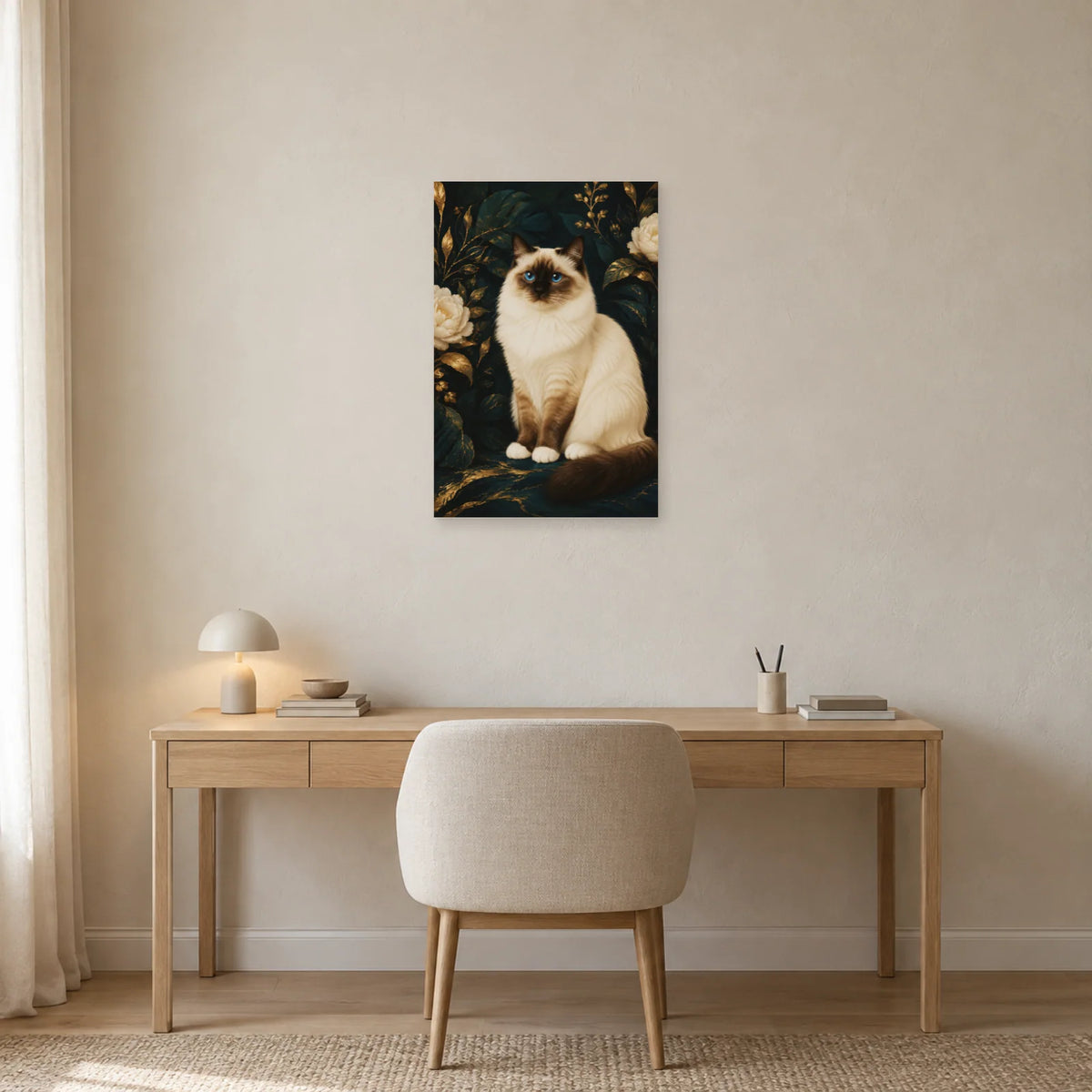 Affiche Sacré de Birmanie – Regard saphir dans un bureau - Art Virtuoso