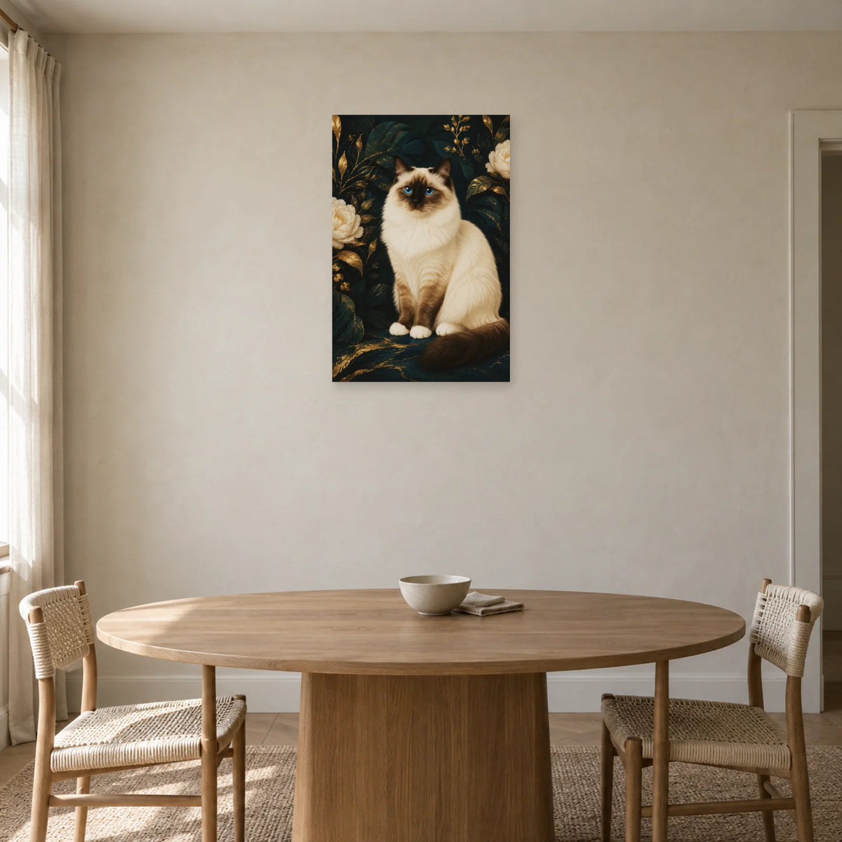 Affiche Sacré de Birmanie – Regard saphir dans une salle à manger - Art Virtuoso