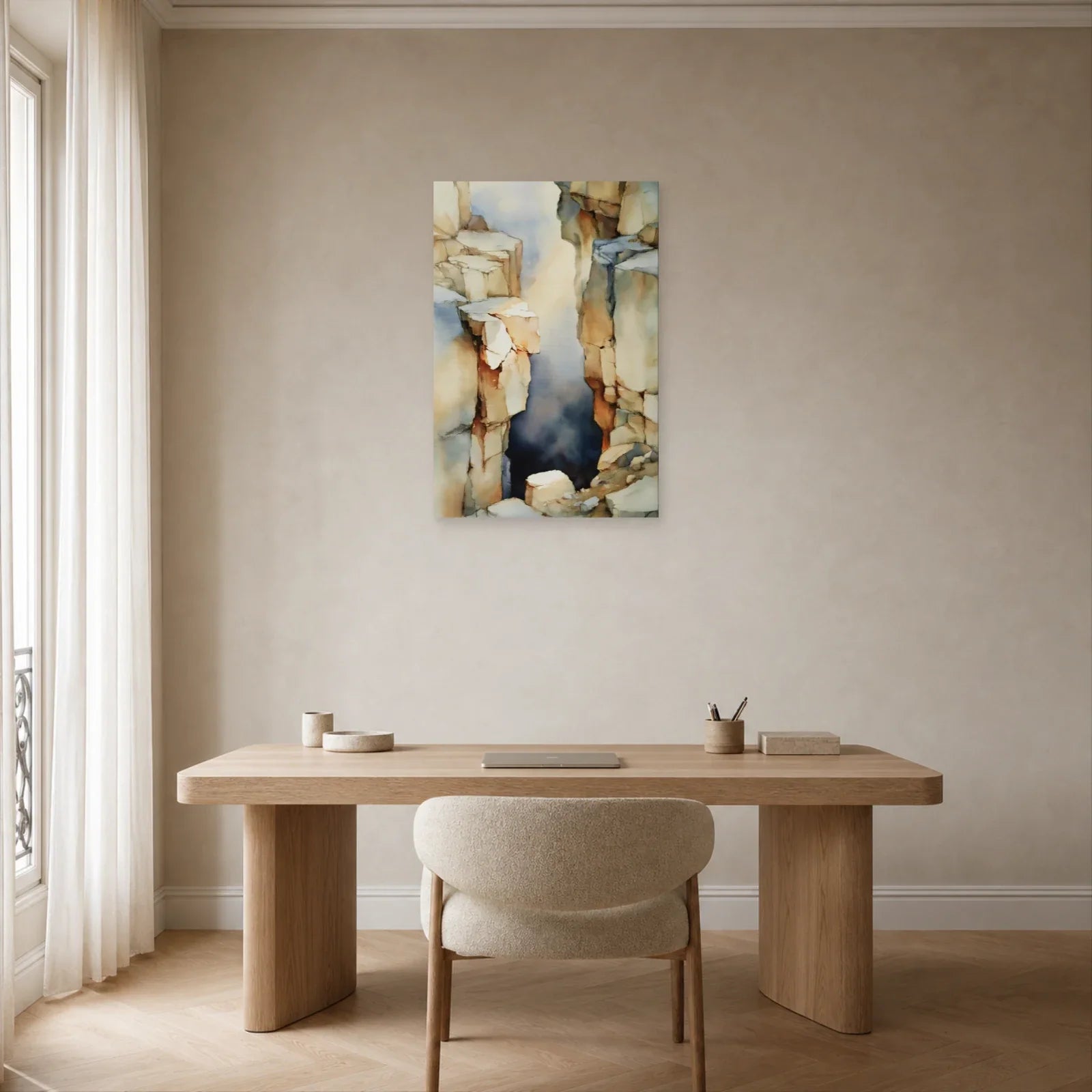 tableau abstrait géologique beige taupe installé dans un bureau