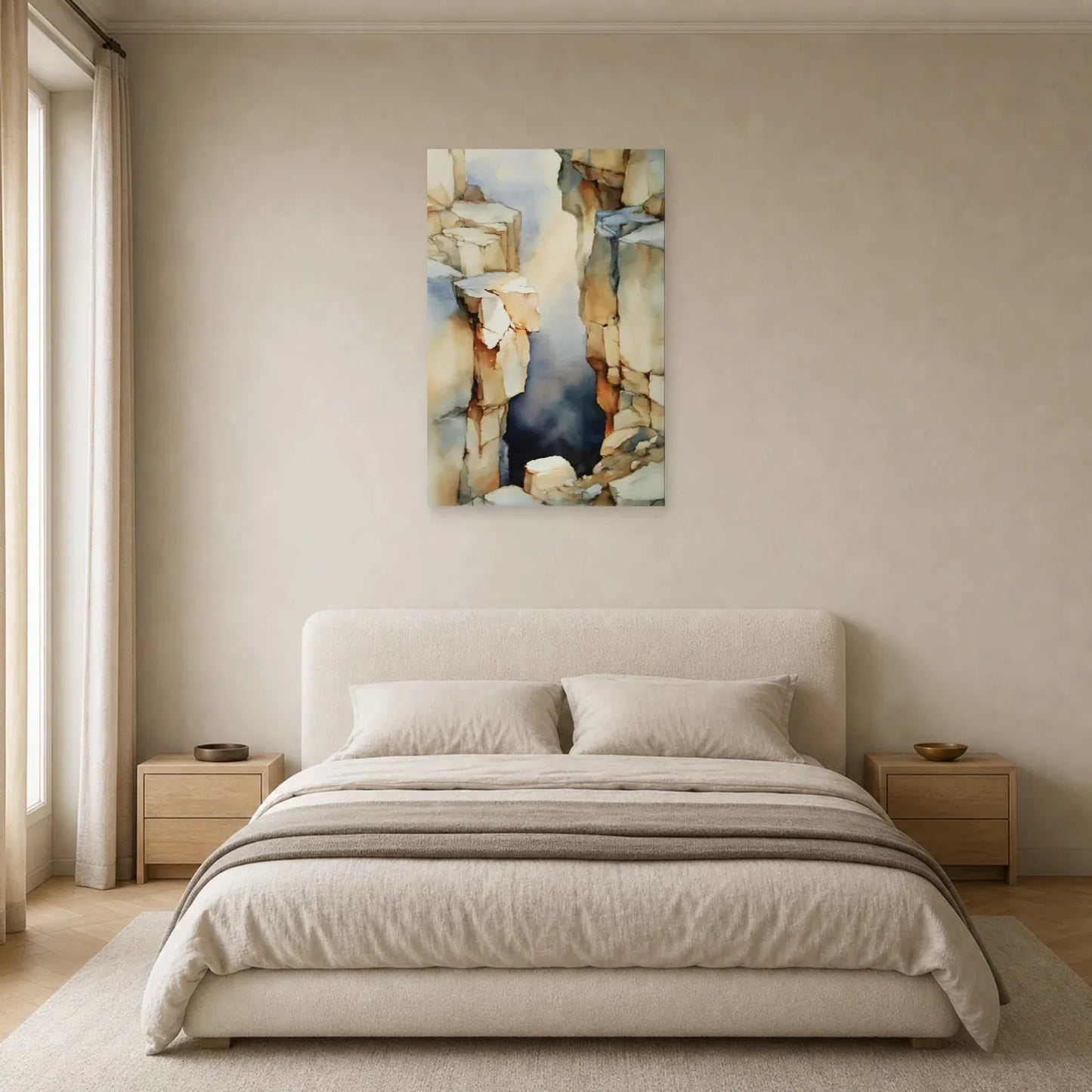 tableau abstrait géologique beige taupe mis en scène dans une chambre