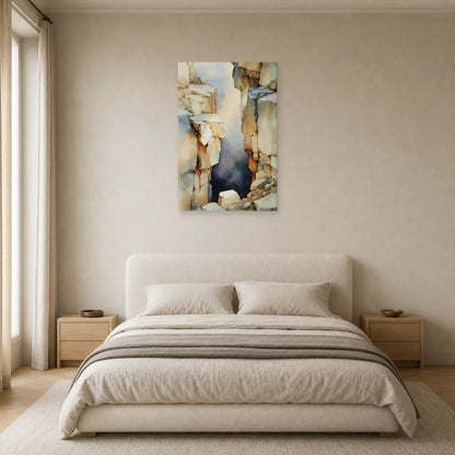 tableau abstrait géologique beige taupe mis en scène dans une chambre