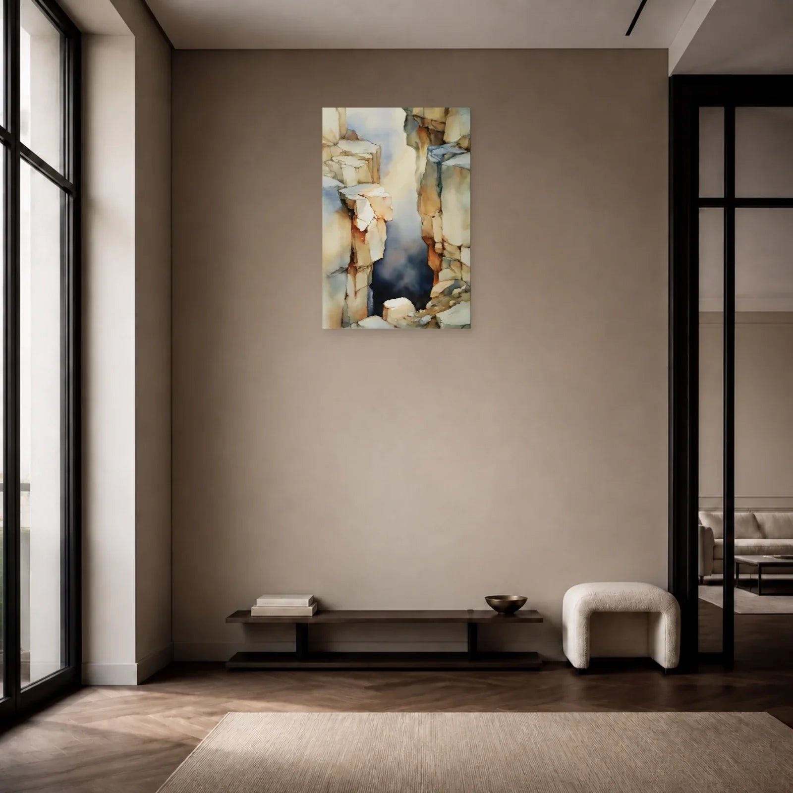 tableau abstrait géologique beige taupe accroché dans une entrée
