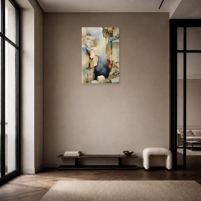 tableau abstrait géologique beige taupe accroché dans une entrée