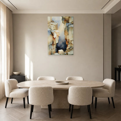 tableau abstrait géologique beige taupe exposé dans une salle à manger