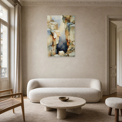 tableau abstrait géologique beige taupe présenté dans un salon
