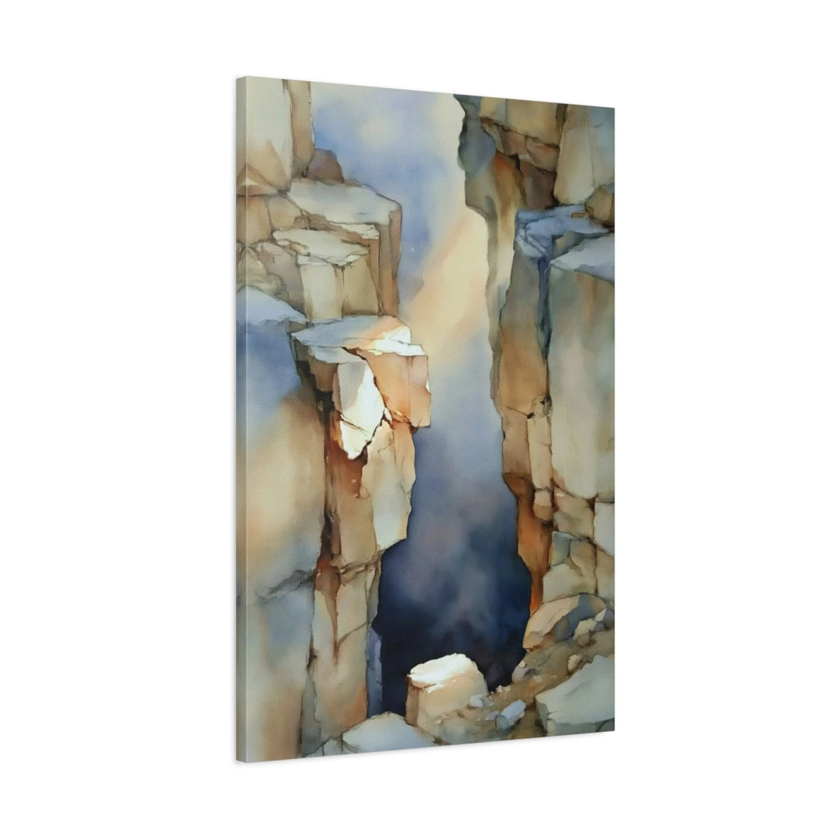Vue latérale du tableau abstrait géologique beige taupe sur toile tendue